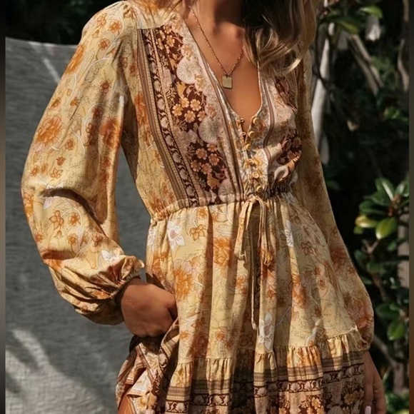 NEW Boho Golden Floral Long Sleeve Gypsy Dress - Picture 2 of 7